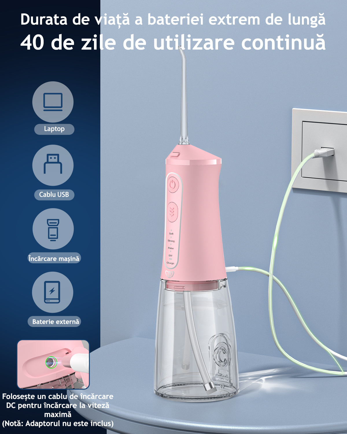 Irigator bucal portabil, JTF Sonic, F300 (9 capete, cablu de încărcare) cu lampa UV, Roz