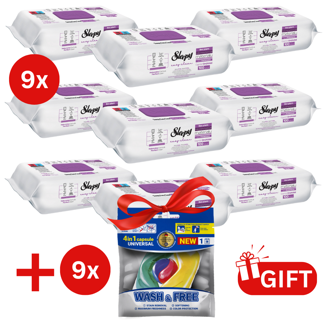 PACHET PROMO: 9× Șervețele Sleepy Orchid Garden 100 buc + 9× Capsule rufe Wash & Free 4in1