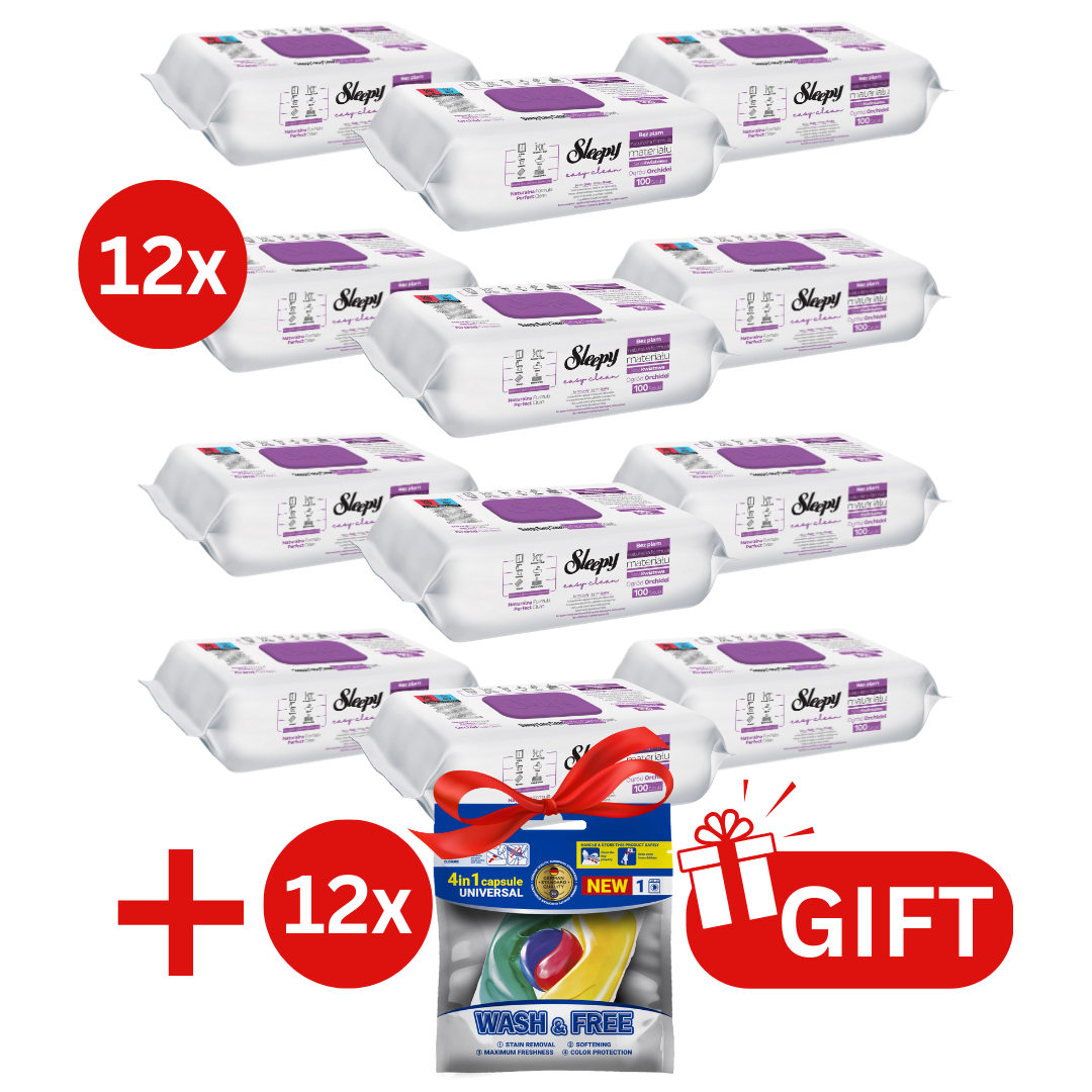 PACHET PROMO: 12× Șervețele Sleepy Orchid Garden 100 buc + 12× Capsule rufe Wash & Free 4in1