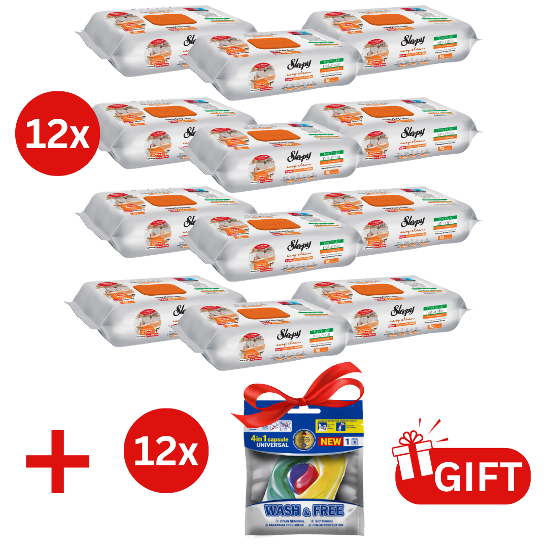 PACHET PROMO: 12× Șervețele Sleepy Easy Clean portocală 50 buc + 12× Capsule rufe Wash & Free 4in1