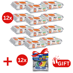 PACHET PROMO: 12× Șervețele Sleepy Easy Clean portocală 50 buc + 12× Capsule rufe Wash & Free 4in1