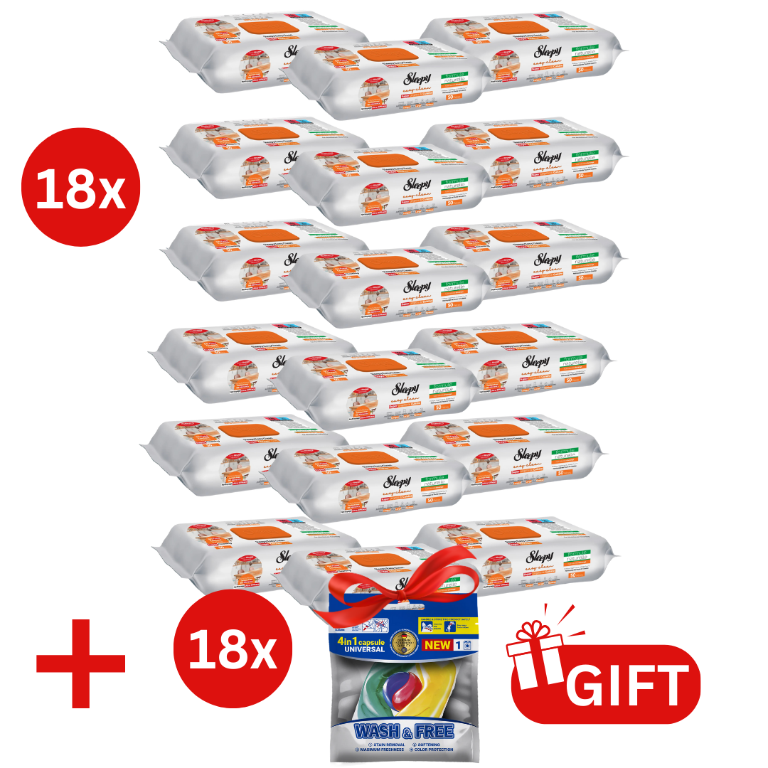 PACHET PROMO: 18× Șervețele Sleepy Easy Clean portocală 50 buc + 18× Capsule rufe Wash & Free 4in1