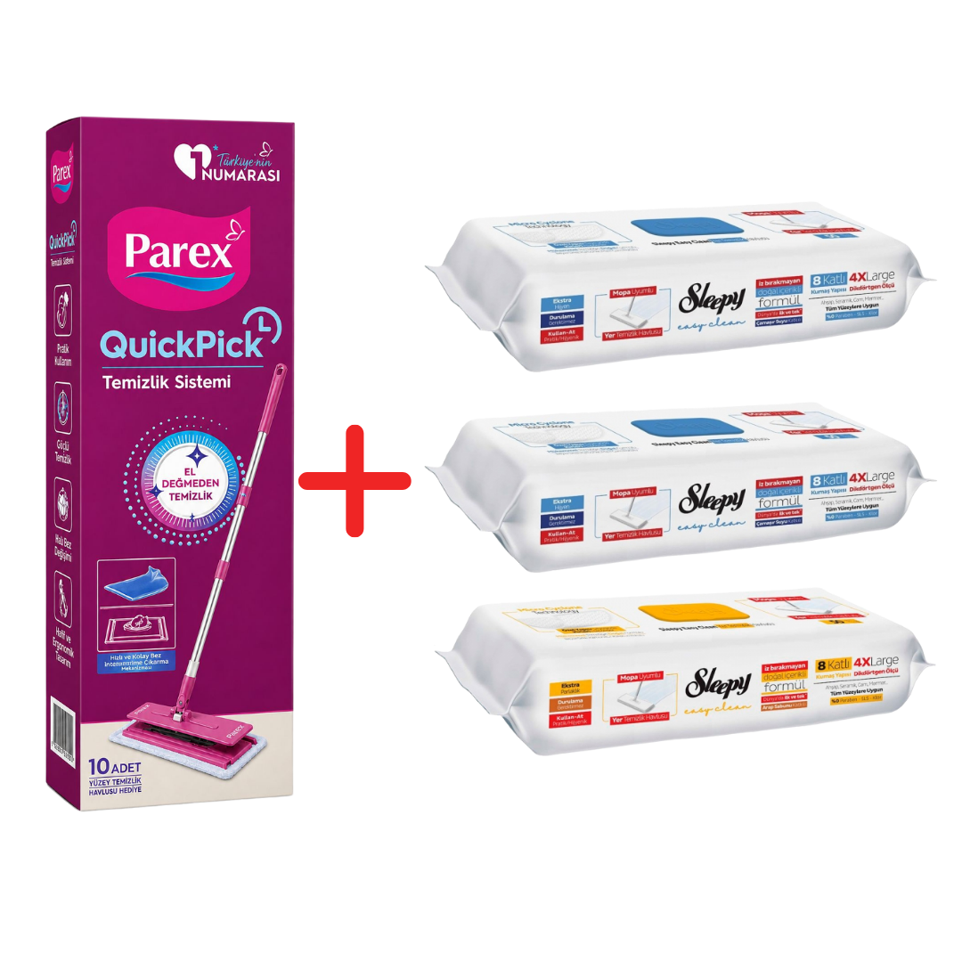 Pachet Promo PAREX QuickPick Mop + 3x Lavete Umede Sleepy Easy Clean Mix (Bleach Additive, Herbal Soap)