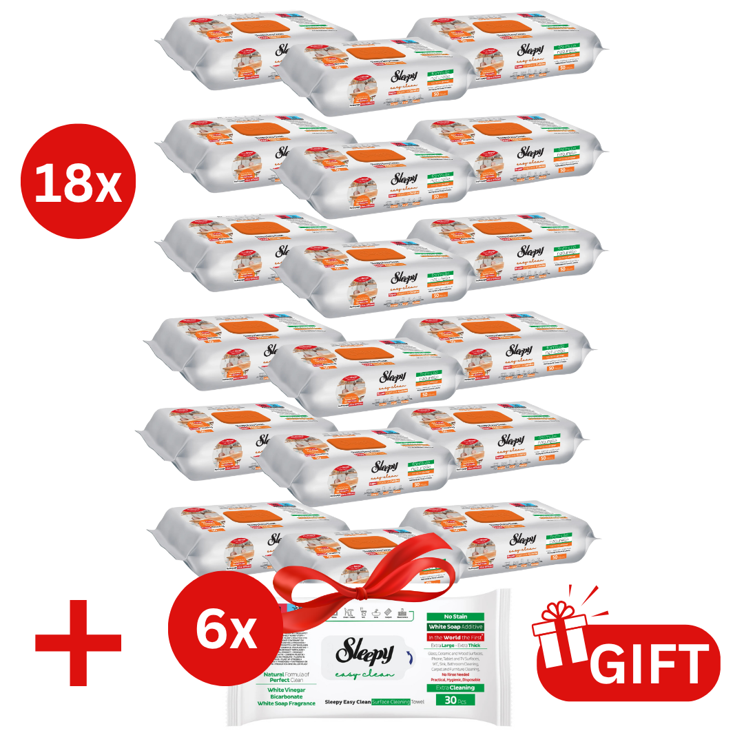 PACHET PROMO: 18× Șervețele Sleepy Easy Clean portocală 50 buc + 6× Șervețele White Soap 30 buc