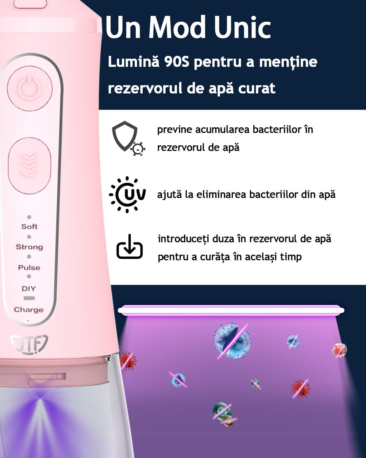 Irigator bucal portabil, JTF Sonic, F300 (9 capete, cablu de încărcare) cu lampa UV, Roz