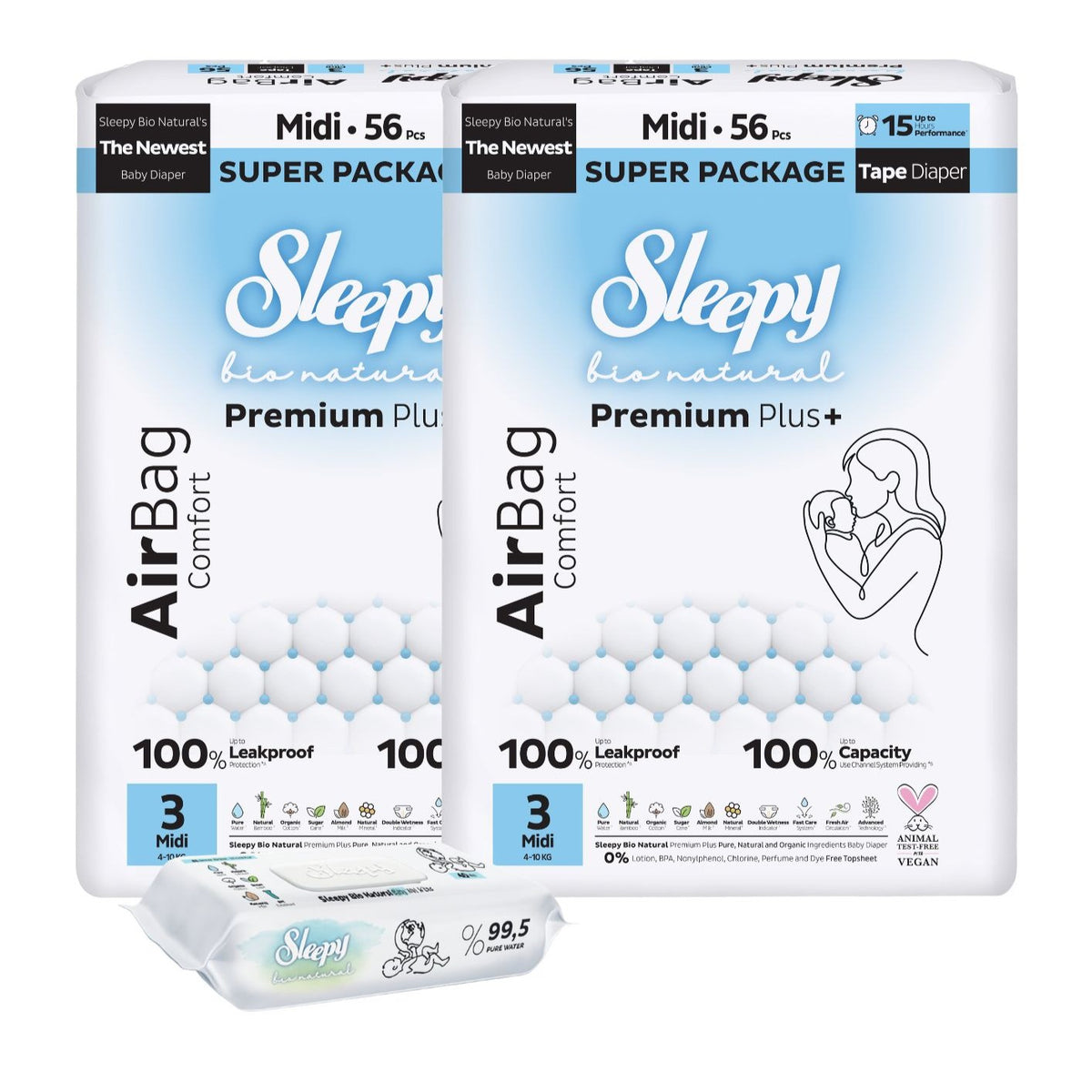 2x Scutece Sleepy Bio Natural Premium Plus AirBag Comfort – marimea 3 Midi, 4–10 kg, 56 bucati + 1x Servetele Umede pentru copii cu 99,5% Apa Pura, 40 bucati (cadou)
