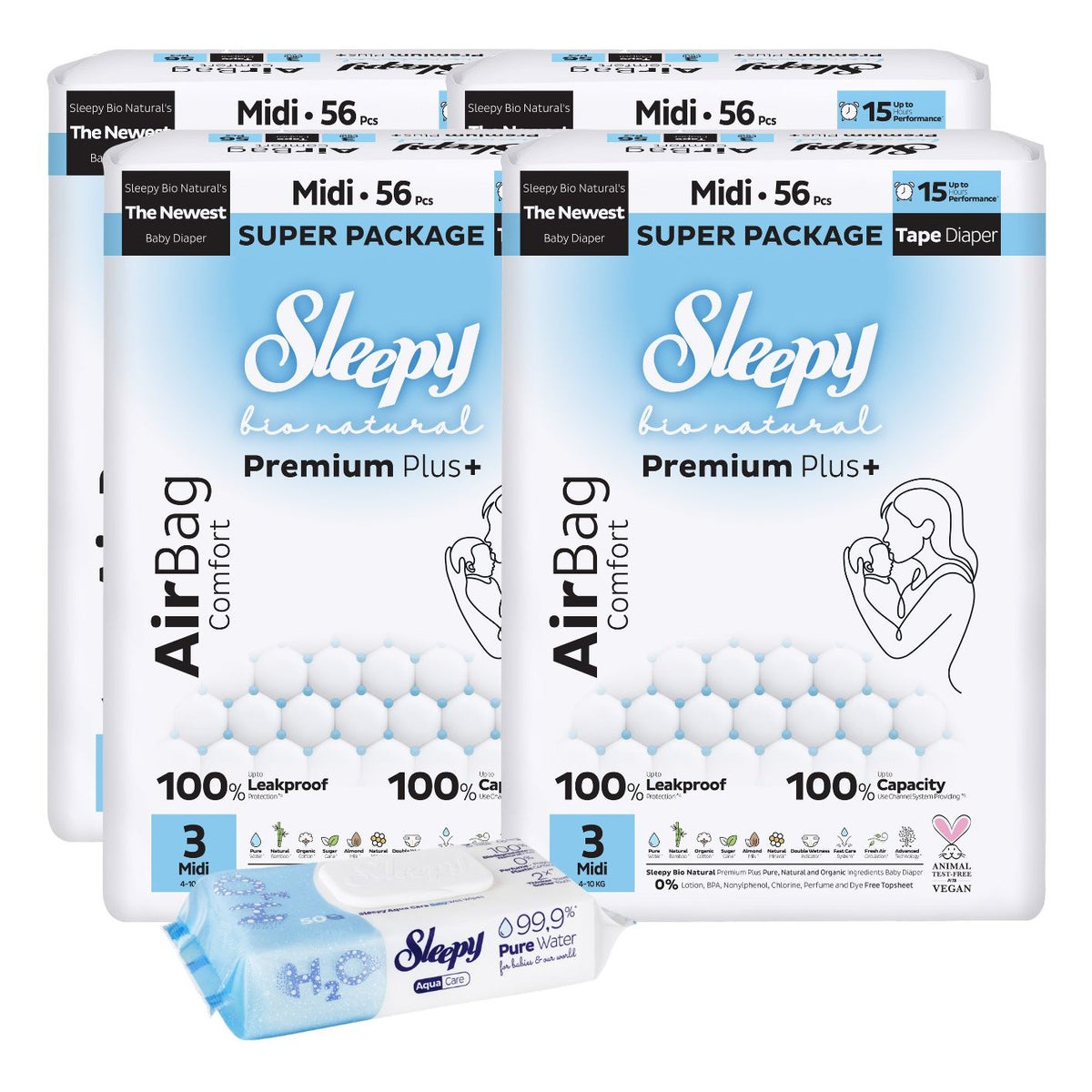 4x Scutece Sleepy Bio Natural Premium Plus AirBag Comfort – marimea 3 Midi, 4–10 kg, 56 bucati + 1x Servetele umede pentru bebelusi Sleepy Aqua Care, 50 bucati (cadou)