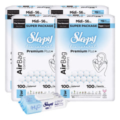 4x Scutece Sleepy Bio Natural Premium Plus AirBag Comfort – marimea 3 Midi, 4–10 kg, 56 bucati + 1x Servetele umede pentru bebelusi Sleepy Aqua Care, 50 bucati (cadou)