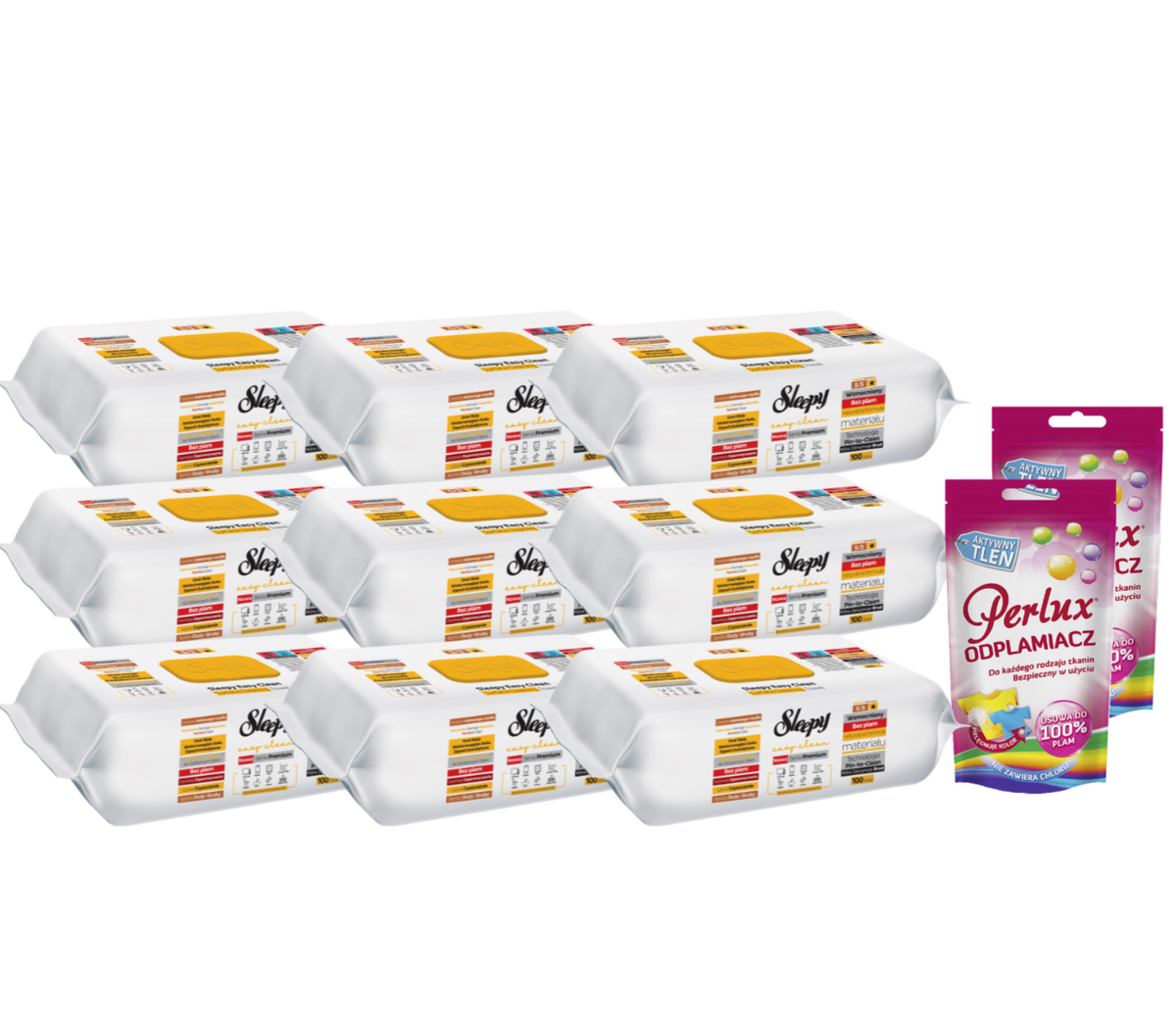 PACHET PROMO: 9× Șervețele Sleepy Herbal Soap Additive 100 buc + 2× Soluție Perlux pentru îndepărtarea petelor