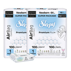 2x Scutece Sleepy Bio Natural Premium Plus AirBag Comfort – marimea 1 Newborn, 2–5 kg, 64 bucati+ 1x Servetele Umede pentru copii cu 99,5% Apa Pura, 40 bucati (cadou)