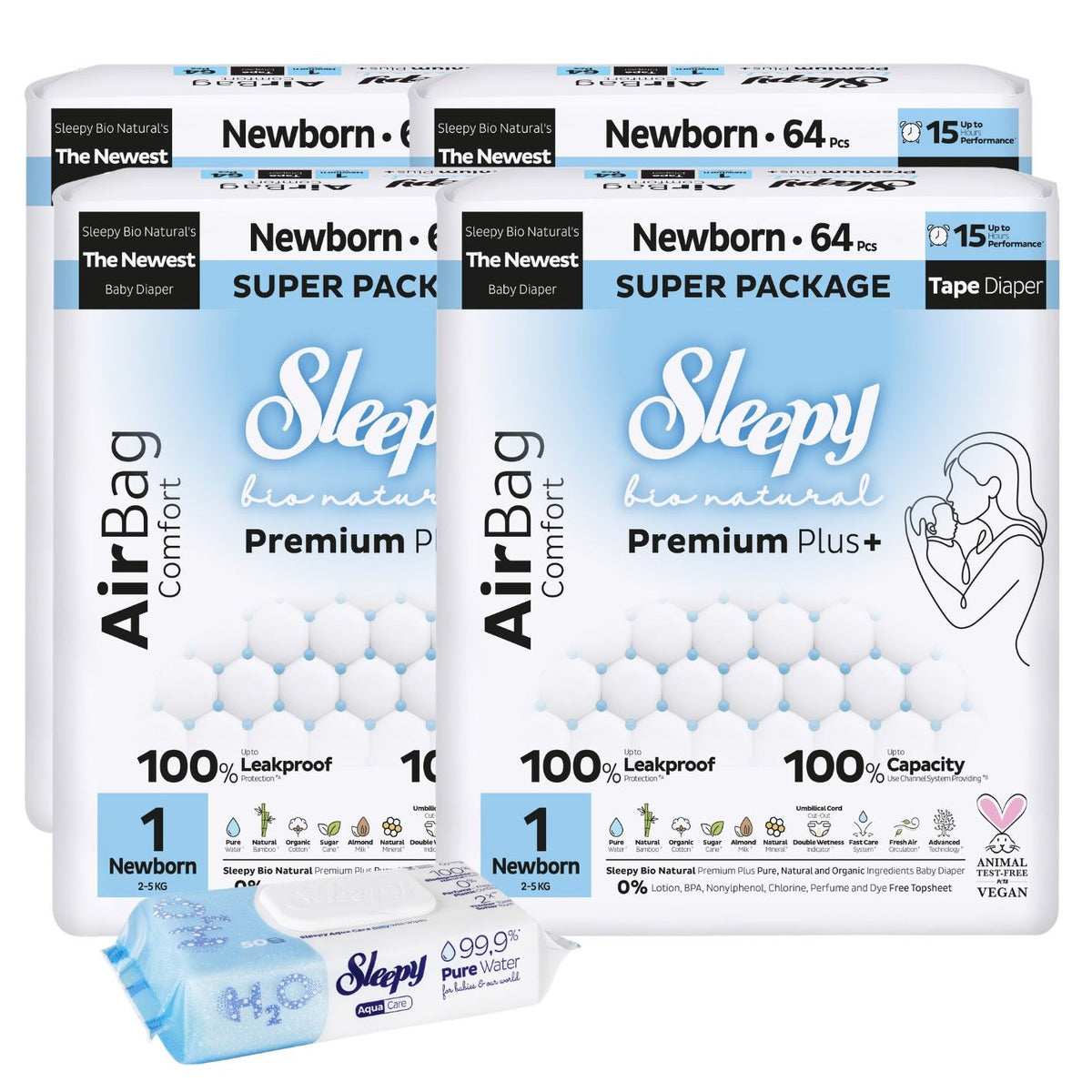 4x Scutece Sleepy Bio Natural Premium Plus AirBag Comfort – marimea 1 Newborn, 2–5 kg, 64 bucati+ 1x Servetele Umede pentru copii Sleepy Aqua Care, 50 bucati(cadou)