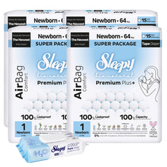 4x Scutece Sleepy Bio Natural Premium Plus AirBag Comfort – marimea 1 Newborn, 2–5 kg, 64 bucati+ 1x Servetele Umede pentru copii Sleepy Aqua Care, 50 bucati(cadou)