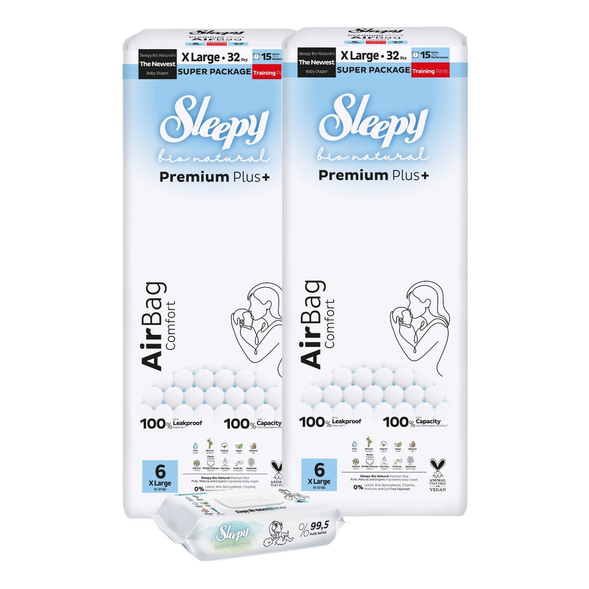 2x Scutece-chilotel Sleepy Bio Natural Premium Plus AirBag Comfort –marimea 6 XLarge, 15–27 kg, 32 bucati + 1x Servetele Umede pentru copii cu 99,5% Apa Pura, 40 bucati (cadou)