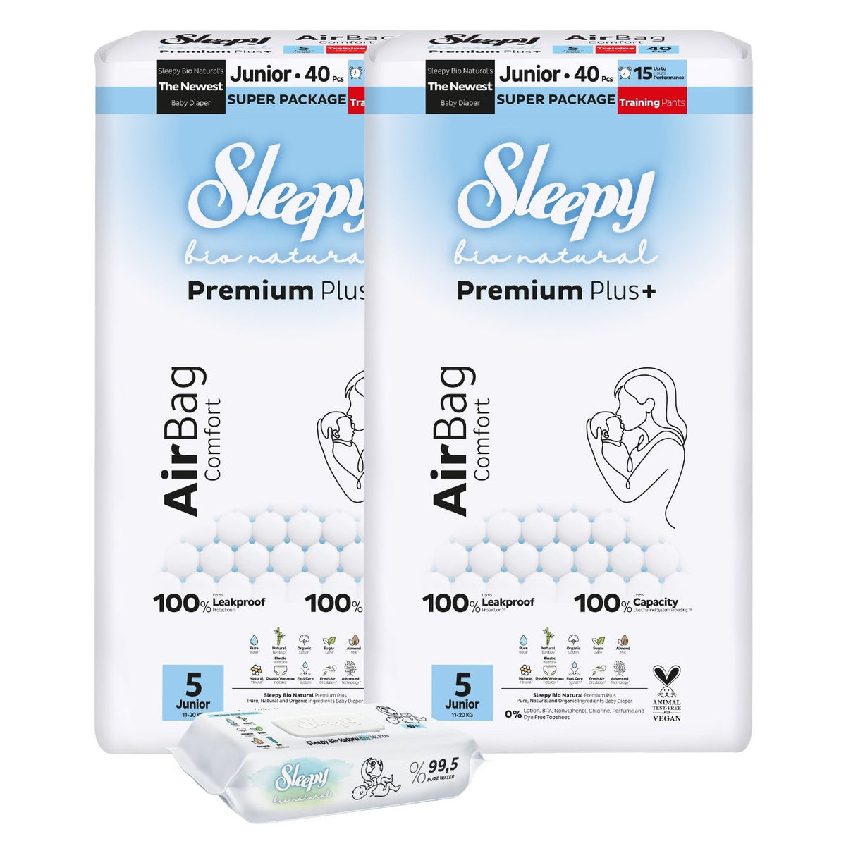 2x Scutece-chilotel Sleepy Bio Natural Premium Plus AirBag Comfort – marimea 5 Junior, 11–20 kg, 40 bucati + 1x Servetele Umede pentru copii cu 99,5% Apa Pura, 40 bucati (cadou)