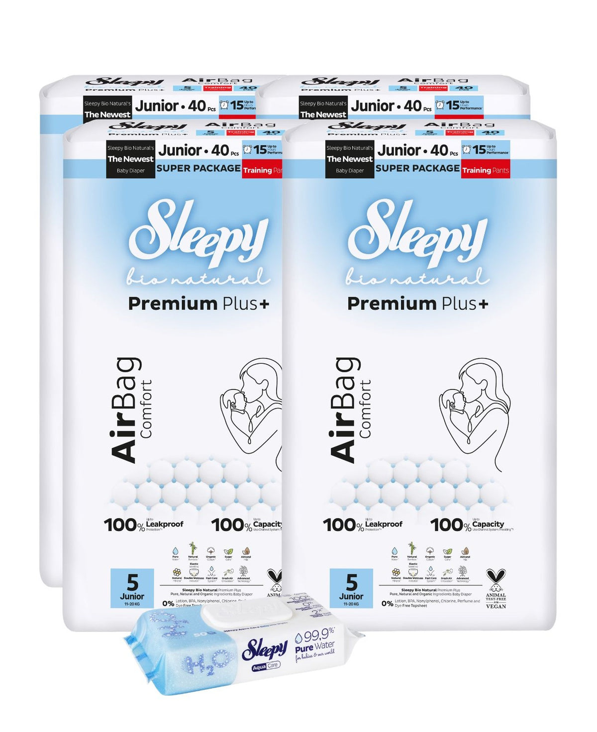 4x Scutece-chilotel Sleepy Bio Natural Premium Plus AirBag Comfort – marimea 5 Junior, 11–20 kg, 40 bucati + 1x Servetele umede pentru bebelusi Sleepy Aqua Care, 50 bucati (cadou)