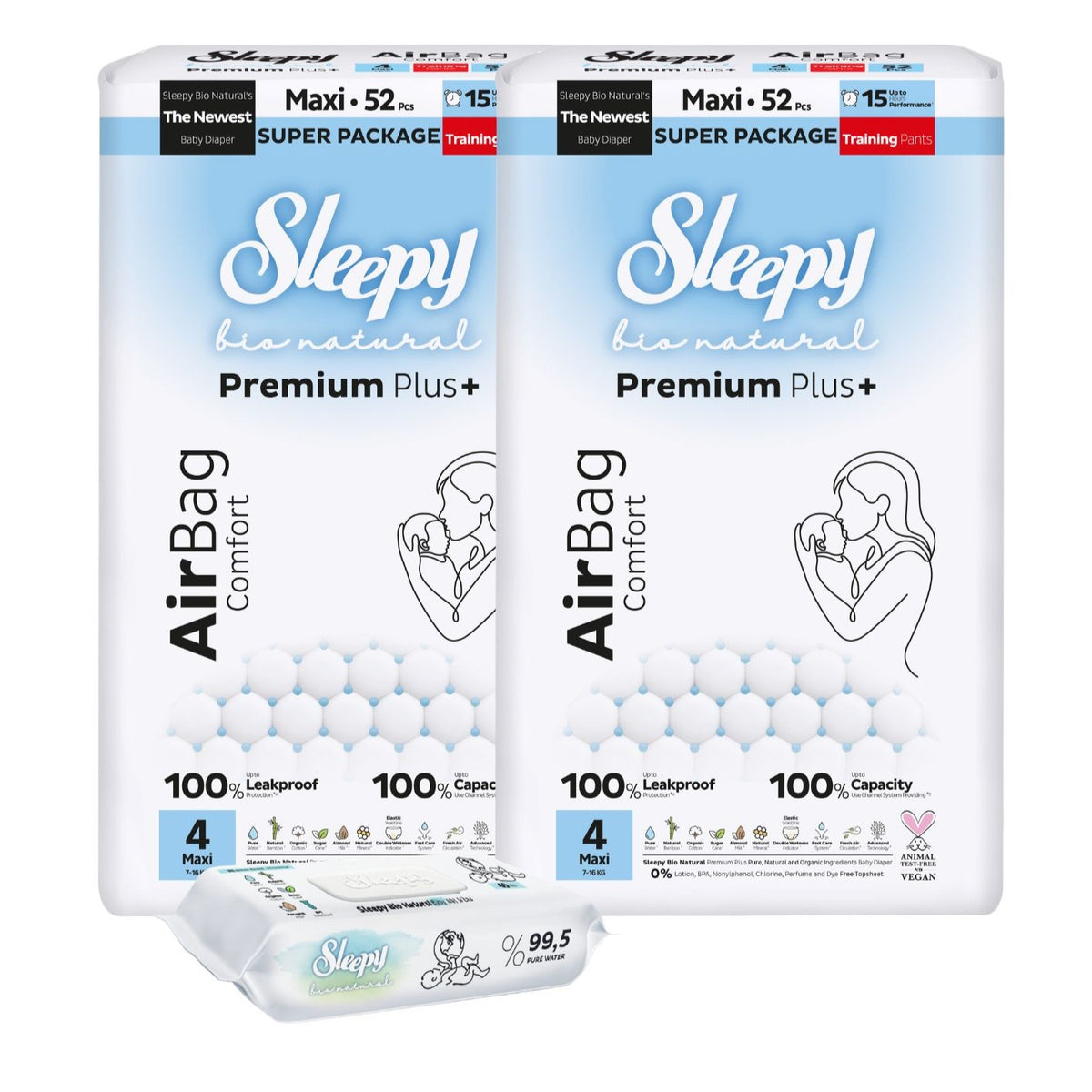2x Scutece-chilotel Sleepy Bio Natural Premium Plus AirBag Comfort – marimea 4 Maxi, 7–16 kg, 52 bucati + 1x Servetele Umede pentru copii cu 99,5% Apa Pura, 40 bucati (cadou)