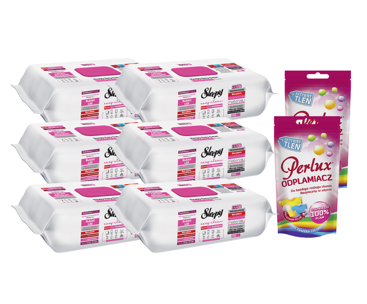 PACHET PROMO: 6× Șervețele Sleepy Lilium Bouquet 100 buc + 2× Soluție Perlux pentru îndepărtarea petelor
