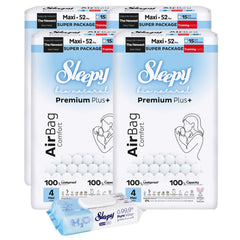 4x Scutece-chilotel Sleepy Bio Natural Premium Plus AirBag Comfort – marimea 4 Maxi, 7–16 kg, 52 bucati + 1x Servetele Umede pentru copii Sleepy Aqua Care, 50 bucati(cadou)
