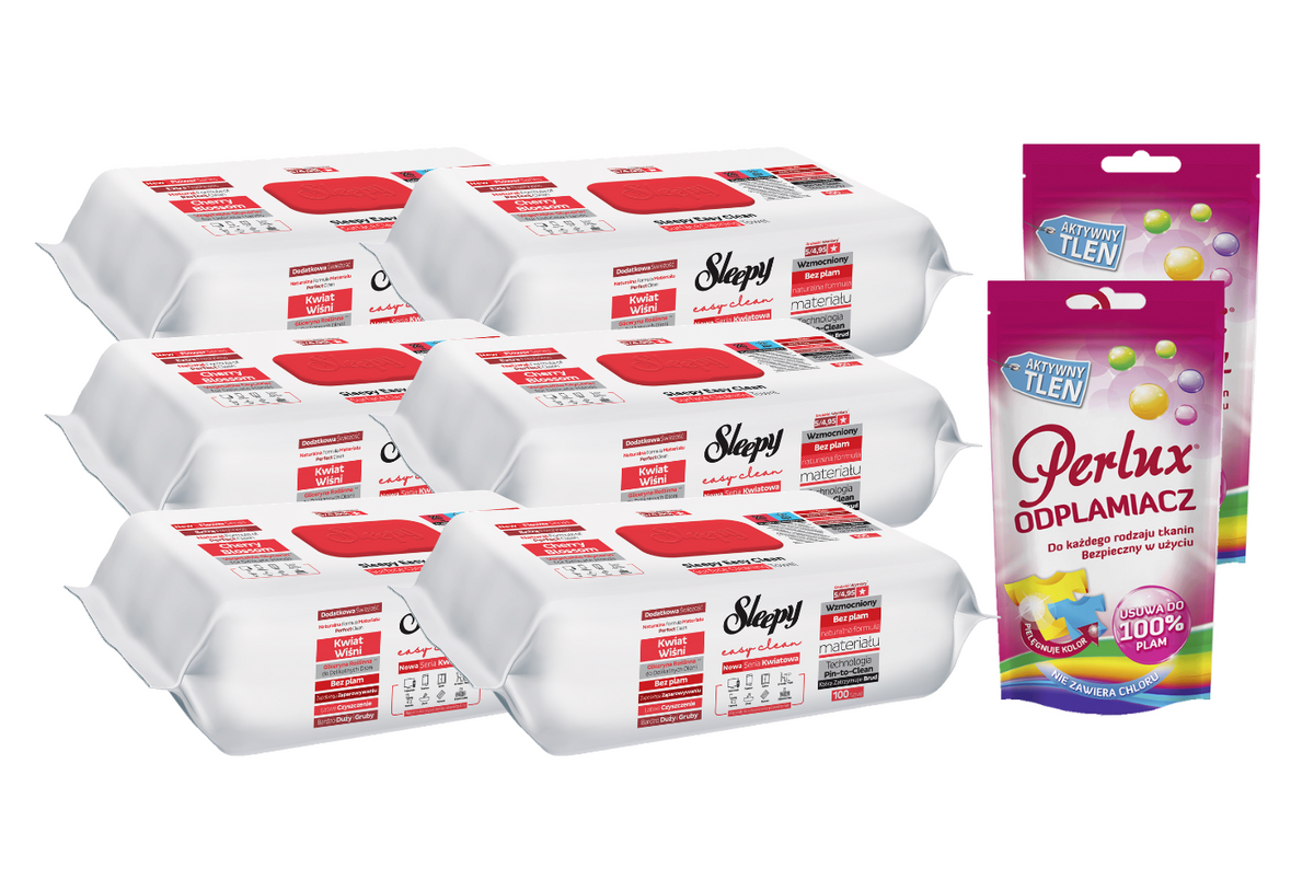 PACHET PROMO: 6× Șervețele Sleepy Cherry Blossom 100 buc + 2× Soluție Perlux pentru îndepărtarea petelor
