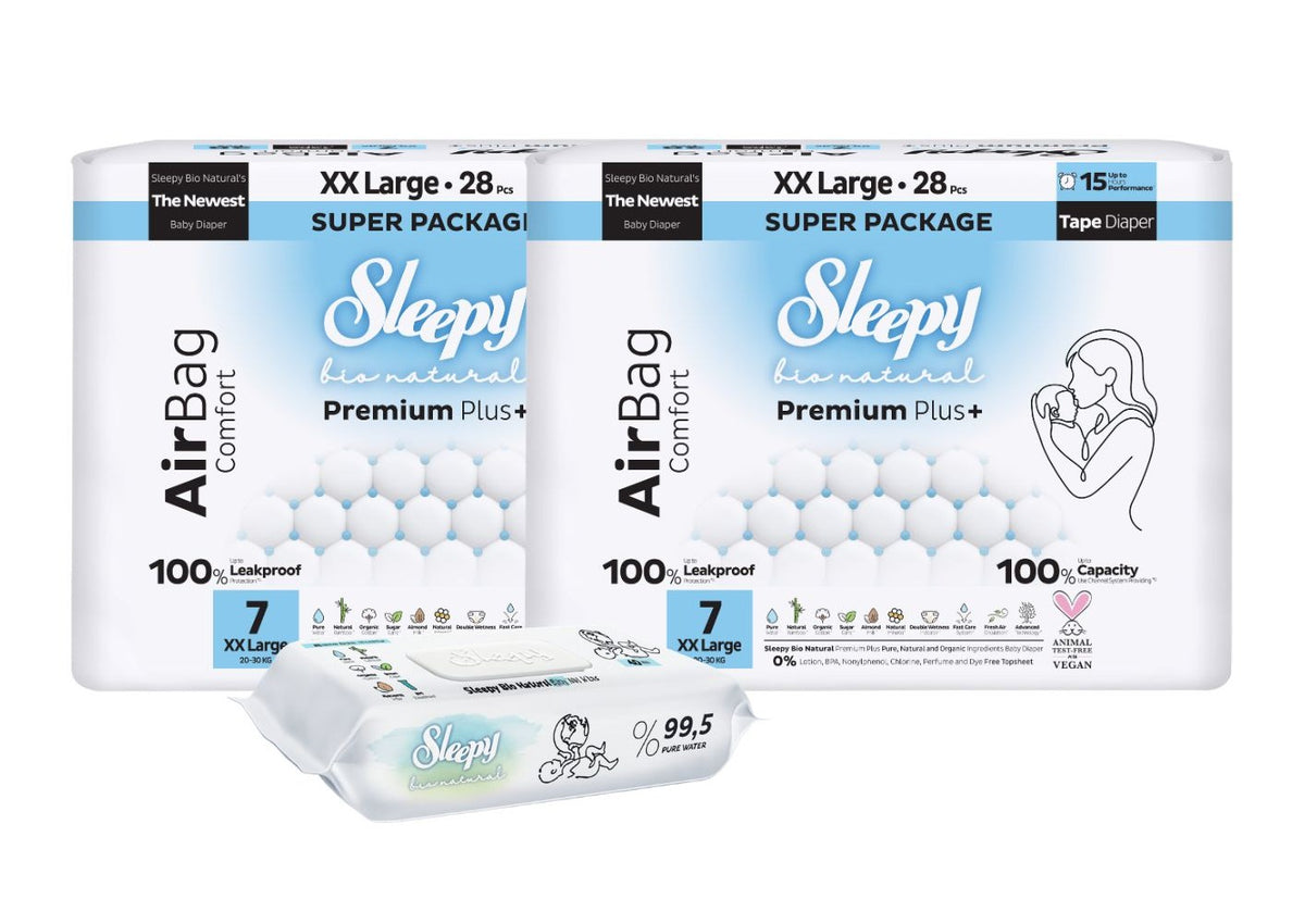 2x Scutece Sleepy Bio Natural Premium Plus AirBag Comfort – marimea 7 XXLarge, 20–30 kg, 28 bucati + 1x Servetele Umede pentru copii cu 99,5% Apa Pura, 40 bucati (cadou)