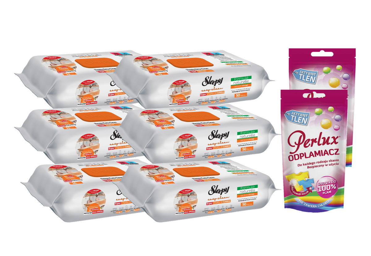 PACHET PROMO: 6× Șervețele Sleepy Easy Clean portocală 50 buc + 2× Soluție Perlux pentru îndepărtarea petelor