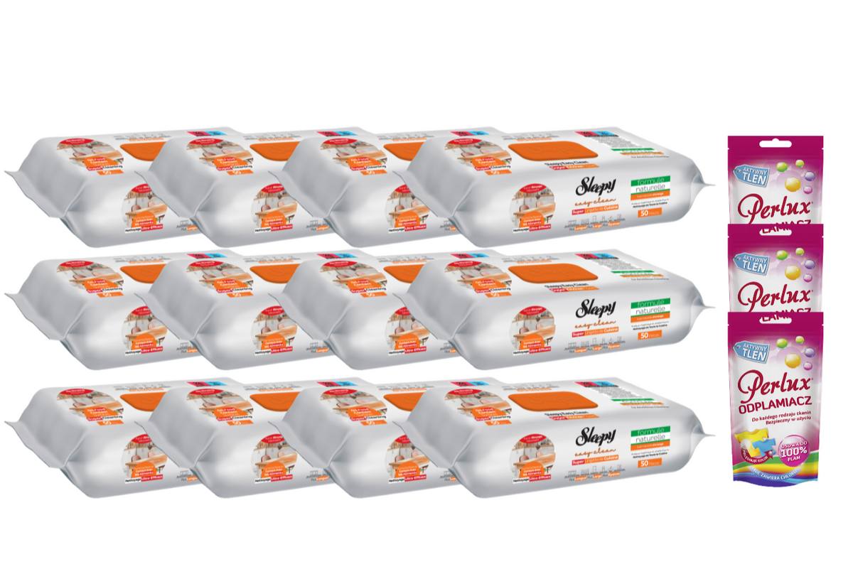 PACHET PROMO: 12× Șervețele Sleepy Easy Clean portocală 50 buc + 3× Soluție Perlux pentru îndepărtarea petelor
