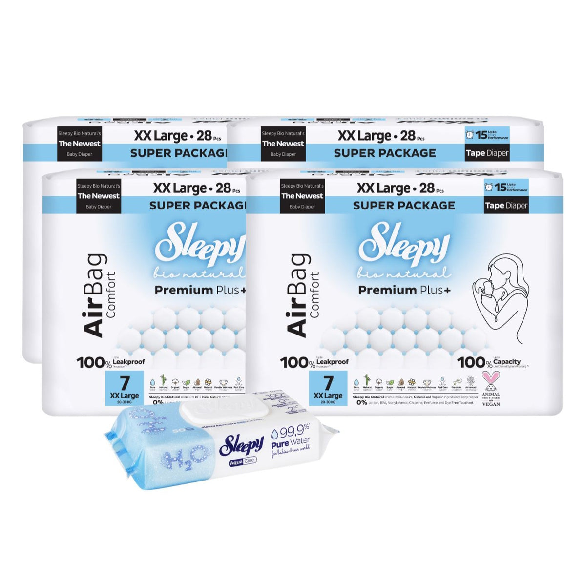 4x Scutece Sleepy Bio Natural Premium Plus AirBag Comfort – marimea 7 XXLarge, 20–30 kg, 28 bucati+ 1x Servetele umede pentru bebelusi Sleepy Aqua Care, 50 bucati (cadou)