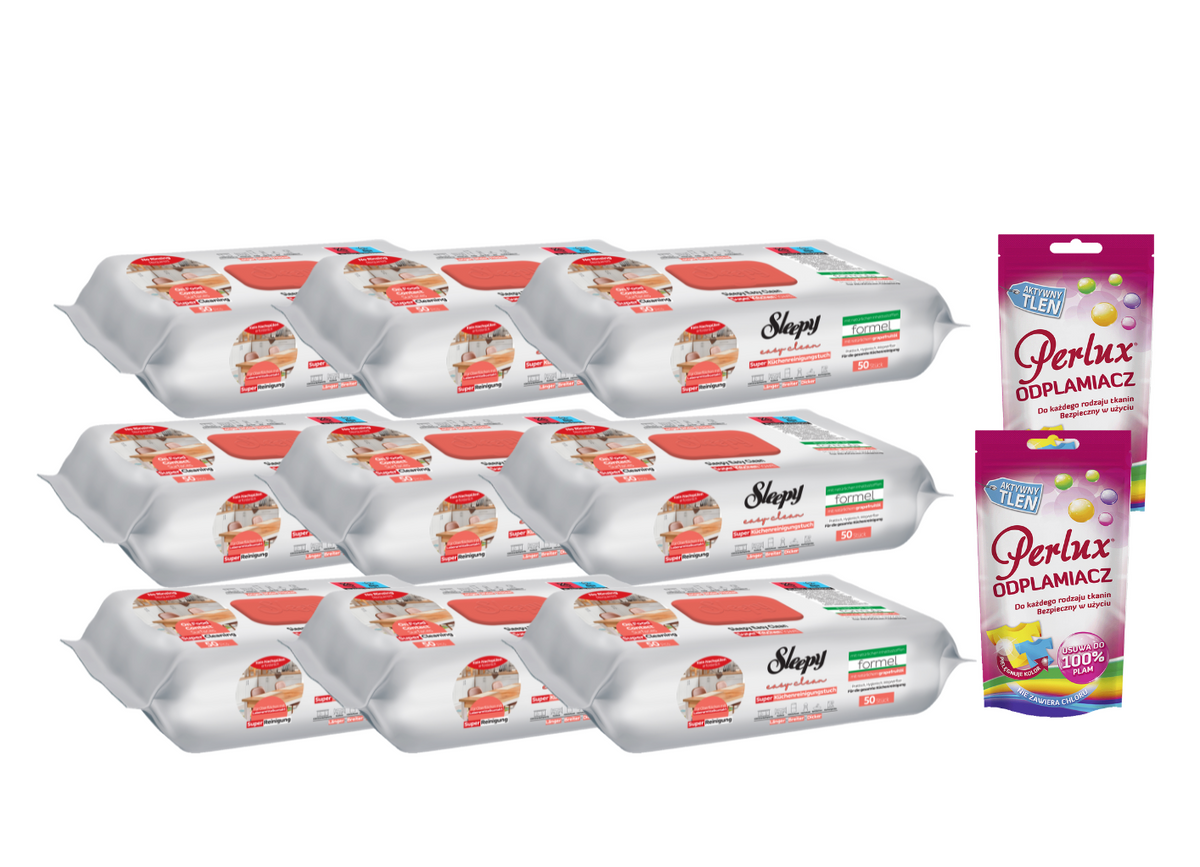 PACHET PROMO: 9× Șervețele Sleepy Easy Clean grapefruit 50 buc + 2× Soluție Perlux pentru îndepărtarea petelor