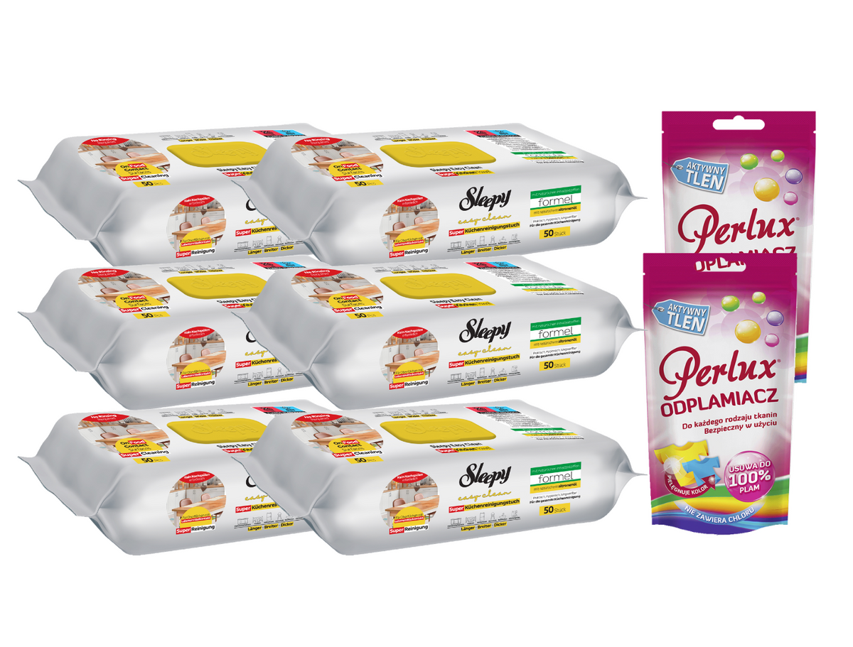 PACHET PROMO: 6× Șervețele Sleepy Easy Clean lămâie 50 buc + 2× Soluție Perlux pentru îndepărtarea petelor