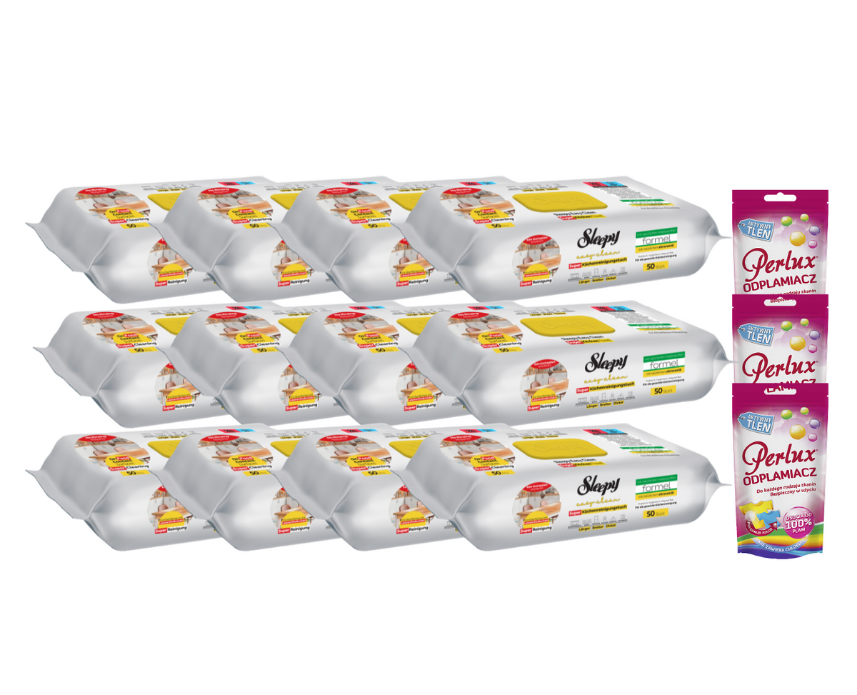 PACHET PROMO: 12× Șervețele Sleepy Easy Clean lămâie 50 buc + 3× Soluție Perlux pentru îndepărtarea petelor