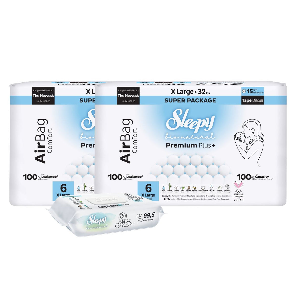 2x Scutece Sleepy Bio Natural Premium Plus AirBag Comfort – marimea 6 XLarge, 15–27 kg, 32 bucati + 1x Servetele Umede pentru copii cu 99,5% Apa Pura, 40 bucati (cadou)