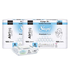 2x Scutece Sleepy Bio Natural Premium Plus AirBag Comfort – marimea 6 XLarge, 15–27 kg, 32 bucati + 1x Servetele Umede pentru copii cu 99,5% Apa Pura, 40 bucati (cadou)