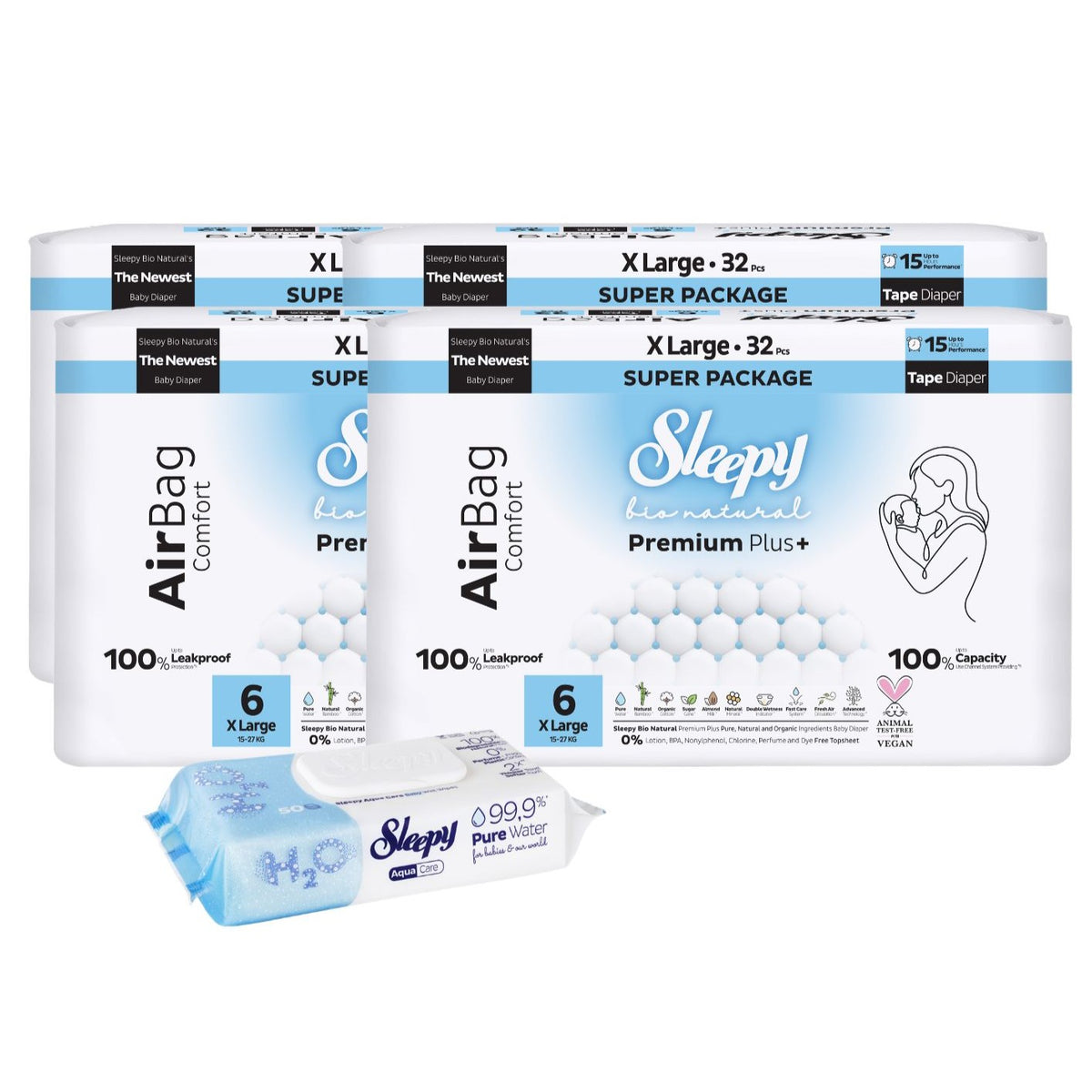 4x Scutece Sleepy Bio Natural Premium Plus AirBag Comfort – marimea 6 XLarge, 15–27 kg, 32 bucati + 1x Servetele umede pentru bebelusi Sleepy Aqua Care, 50 bucati (cadou)