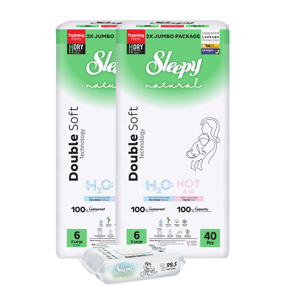 PACHET PROMO- 2x”Scutece-Chiloțel pentru bebeluși Sleepy Natural H2O Double-6 Xlarge”