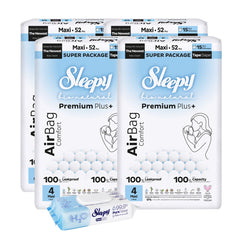 4x Scutece Sleepy Bio Natural Premium Plus AirBag Comfort – marimea 4 Maxi, 7–16 kg, 52 bucati+ 1x Servetele umede pentru bebelusi Sleepy Aqua Care, 50 bucati (cadou)