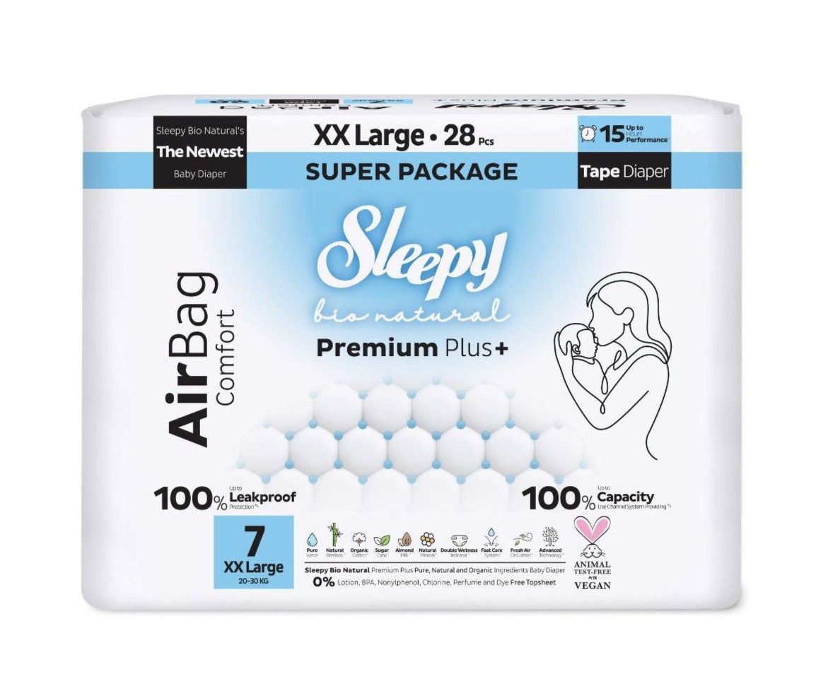 Scutece Sleepy Bio Natural Premium Plus AirBag Comfort – marimea 7 XXLarge, 20–30 kg, 28 bucati
