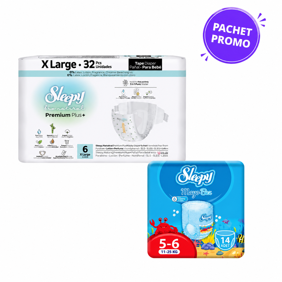 Pachet Promo Scutece Sleepy Natural Premium Nr. 6 (32 buc, 15-25 kg) + Scutece Chiloțel pentru Apă Nr. 5-6 (14 buc, 11-25 kg)
