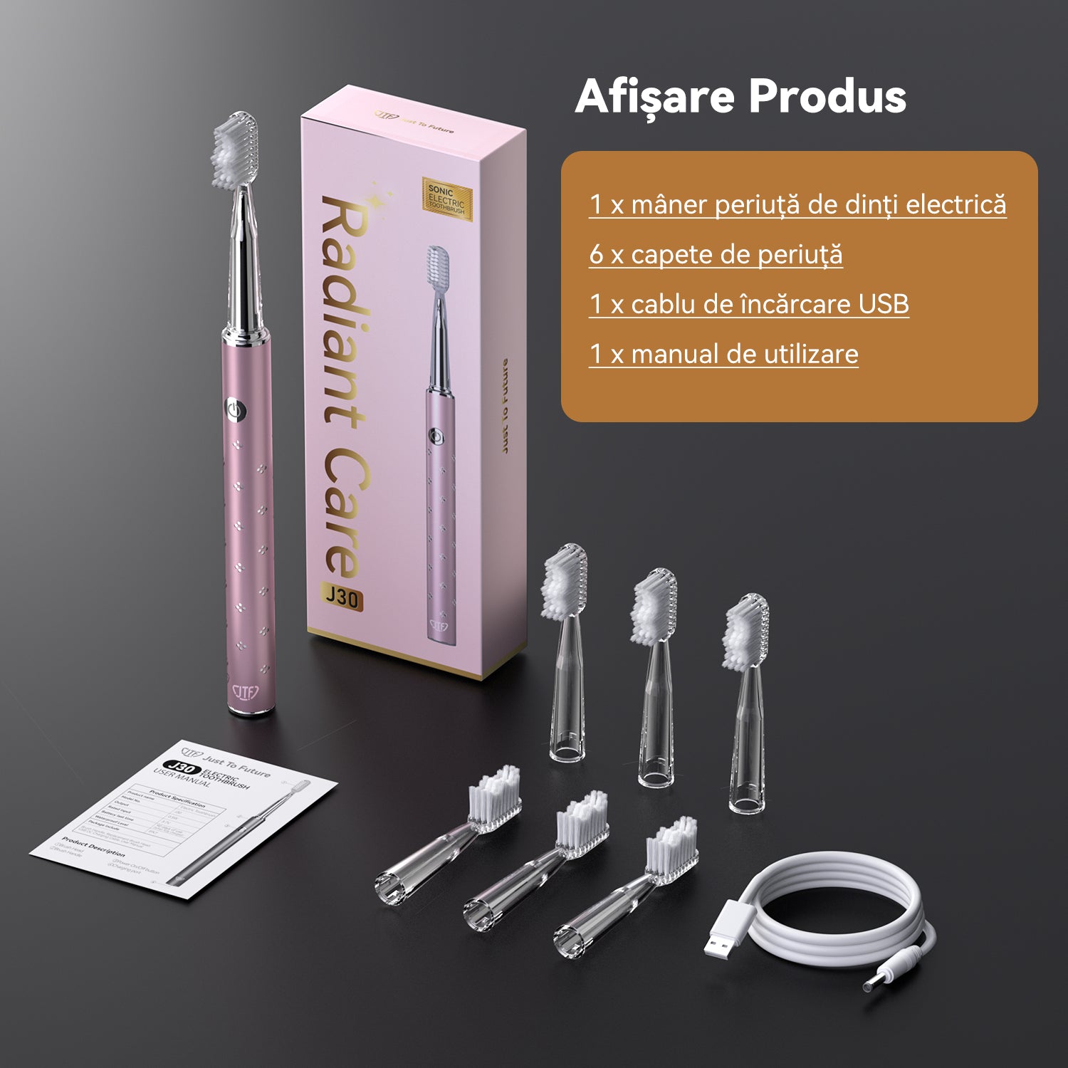 Periuta de dinti electrica, JTF Sonic, J30 (6 capete de periere) Roz