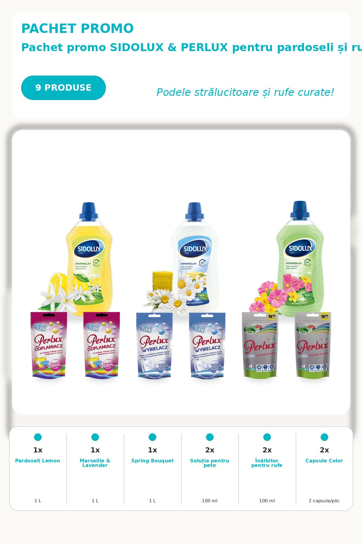 Soluție Pardoseală SIDOLUX și Detergent PERLUX – 6 Produse pentru Casă și Rufe, Pachet Promo