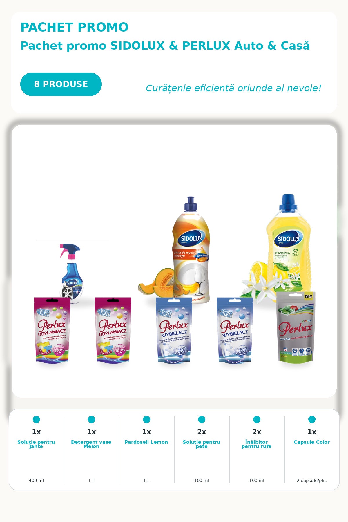 Detergent pardoseli SIDOLUX și Detergent PERLUX – 6 Produse pentru Casă, Auto și Rufe, Pachet Promo