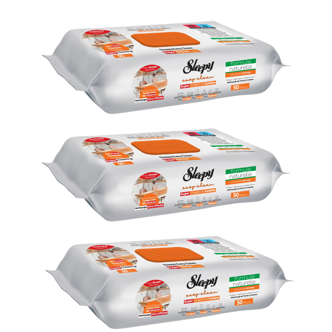 PACHET PROMO - 3 x Șervețele umede de curățare Sleepy Easy Clean pentru bucătărie cu ulei natural de portocală, 50 Buc