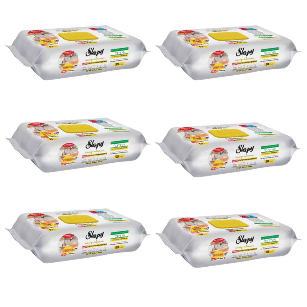 PACHET PROMO - 6 x Șervețele umede de curățare Sleepy Easy Clean pentru bucătărie cu ulei natural de lămâie, 50 Buc