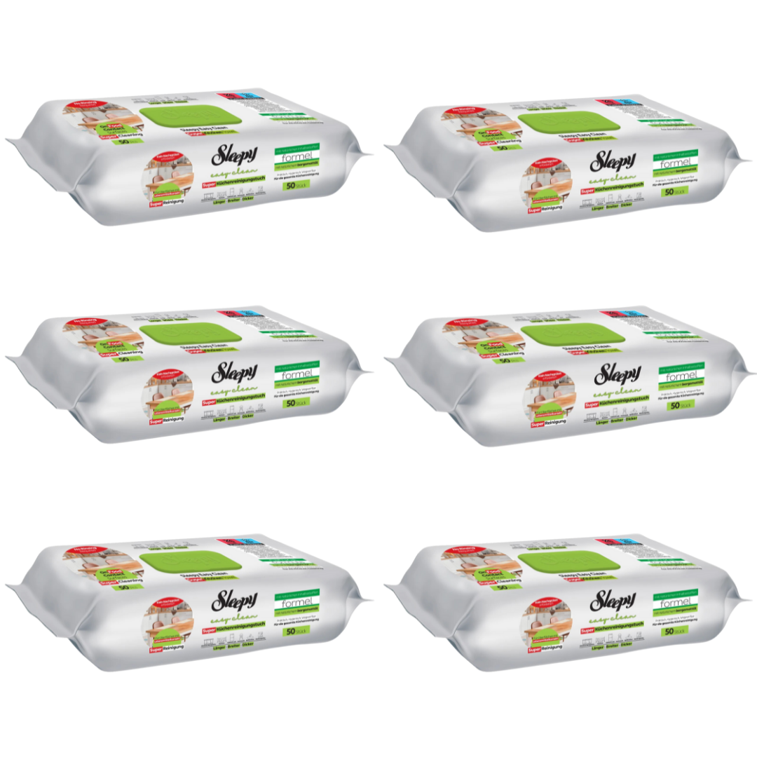 PACHET PROMO - 6 x Șervețele umede de curățare Sleepy Easy Clean pentru bucătărie cu ulei natural de bergamotă, 50 Buc