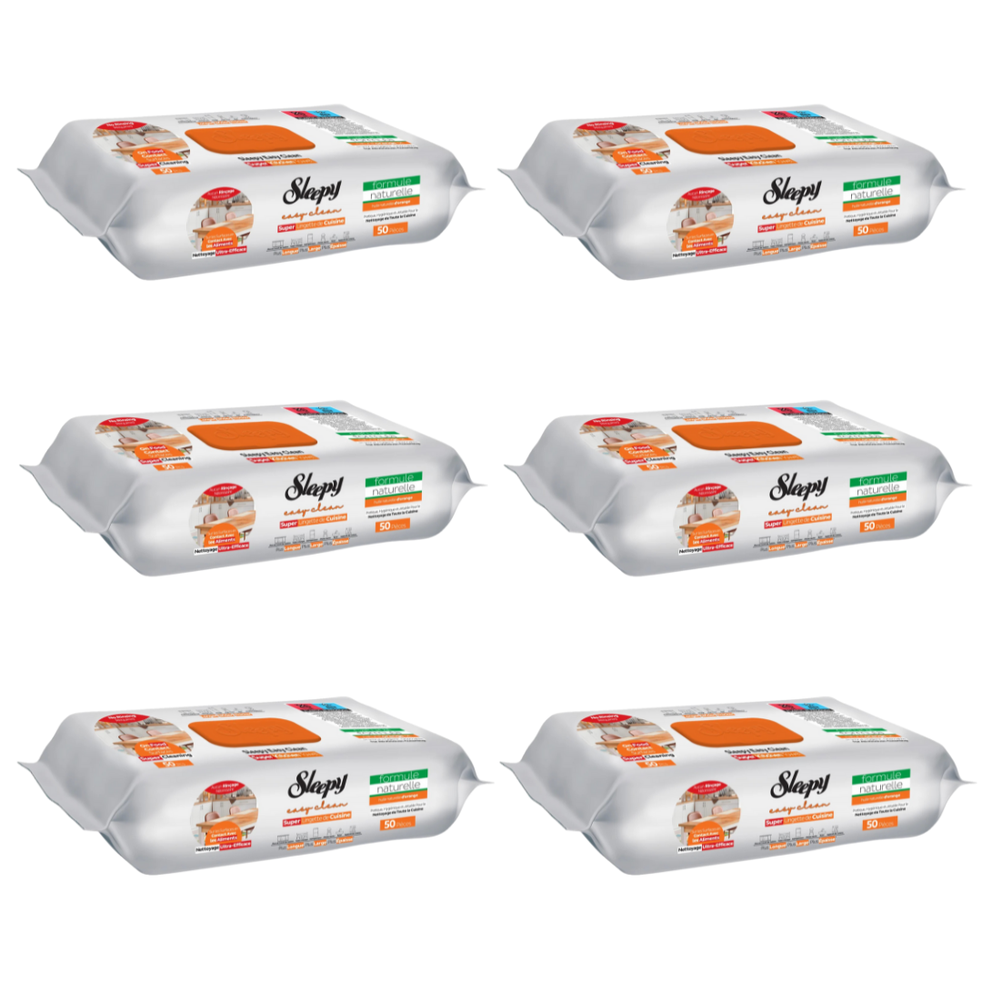 PACHET PROMO - 6 x Șervețele umede de curățare Sleepy Easy Clean pentru bucătărie cu ulei natural de portocală, 50 Buc