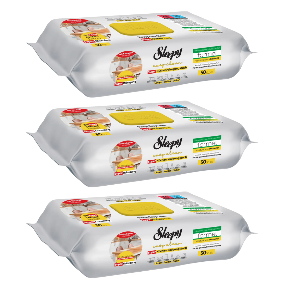 PACHET PROMO - 3 x Șervețele umede de curățare Sleepy Easy Clean pentru bucătărie cu ulei natural de lămâie, 50 Buc