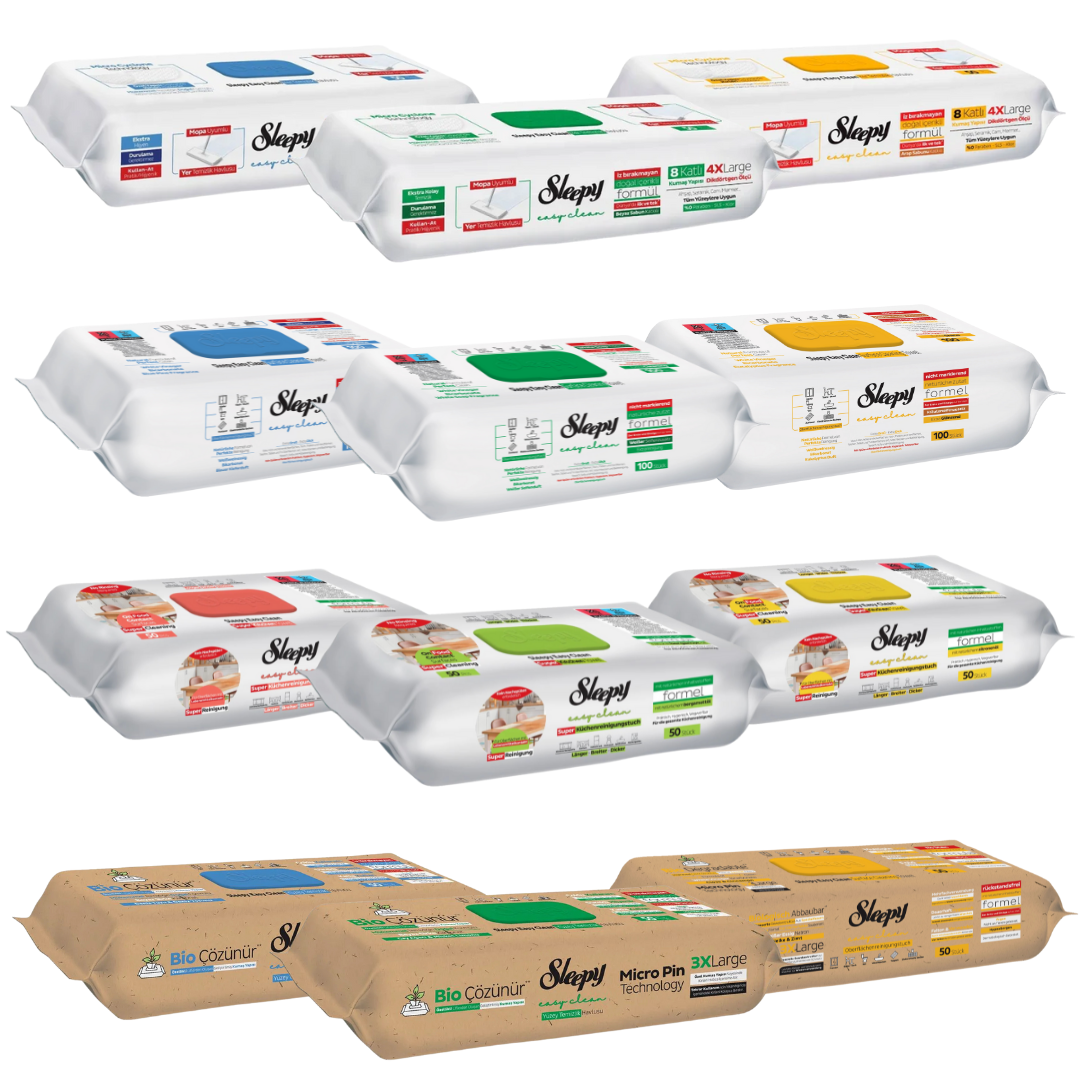 PACHET PROMO - 12 x Servetele Umede Sleepy Easy Clean, Mix (Lavete, Multisuprafete, Bucatarie, Bio)