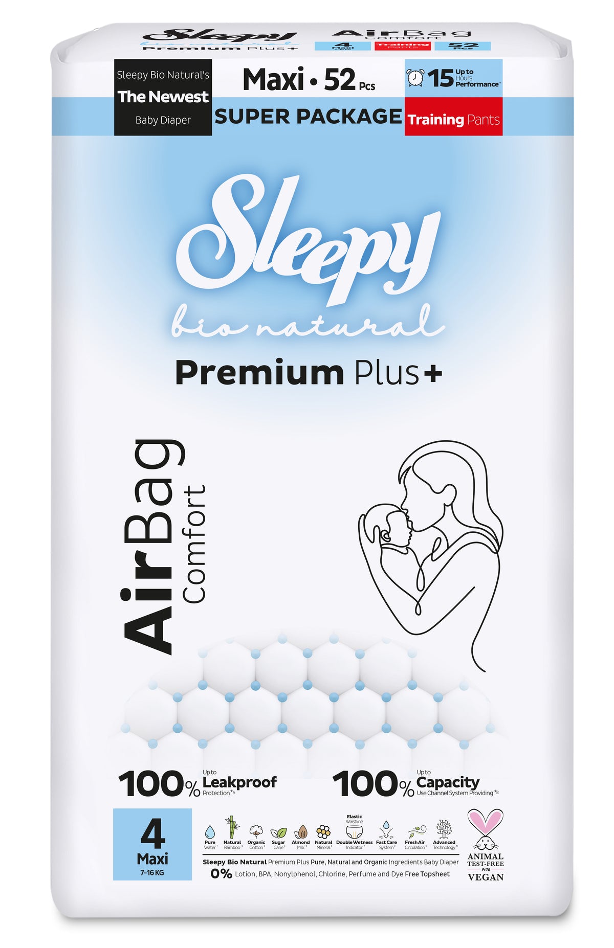 Scutece-chilotel Sleepy Bio Natural Premium Plus AirBag Comfort – marimea 4 Maxi, 7–16 kg, 52 bucati