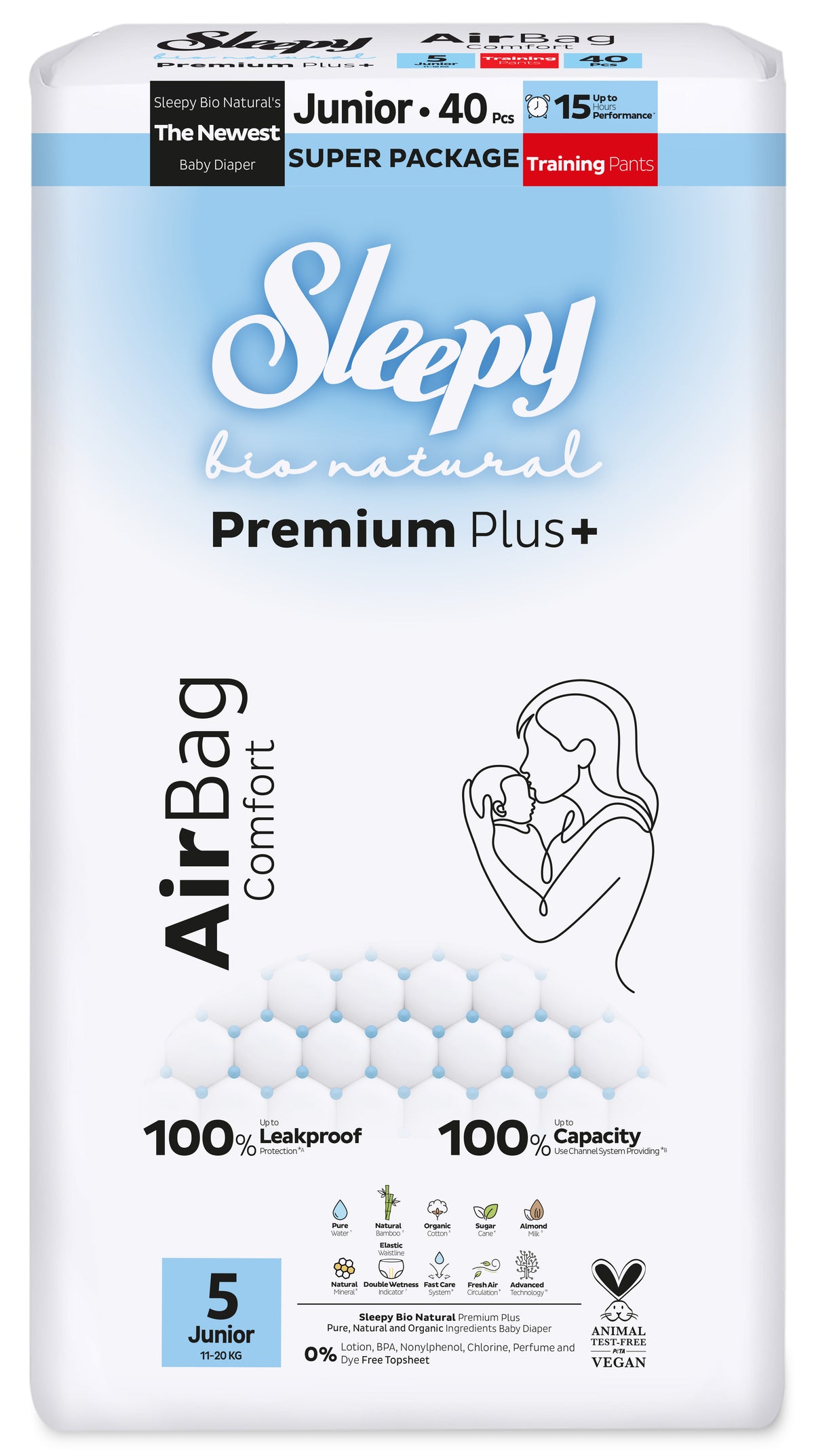 Scutece-chilotel Sleepy Bio Natural Premium Plus AirBag Comfort – marimea 5 Junior, 11–20 kg, 40 bucati