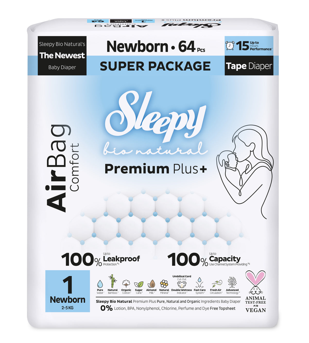 Scutece Sleepy Bio Natural Premium Plus AirBag Comfort – marimea 1 Newborn, 2–5 kg, 64 bucati
