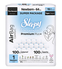 Scutece Sleepy Bio Natural Premium Plus AirBag Comfort – marimea 1 Newborn, 2–5 kg, 64 bucati